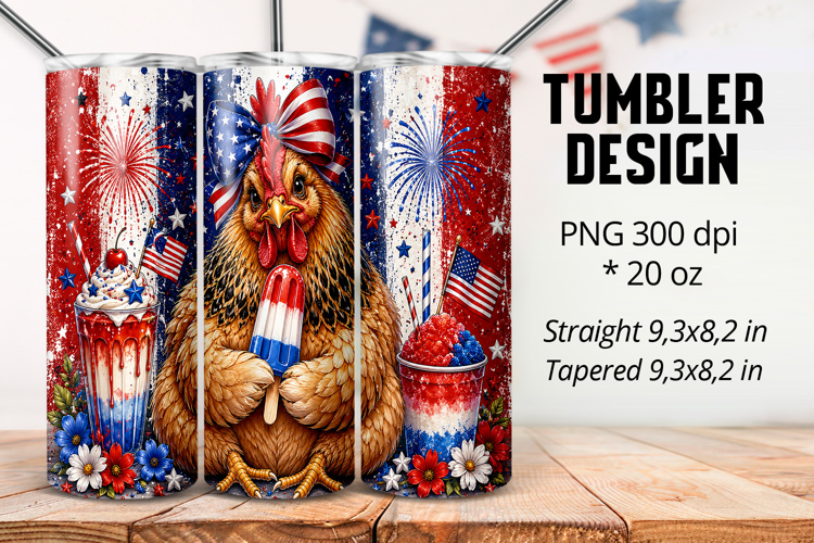 Patriotic Chicken Tumbler Wrap 20oz PNG, Sublimation Design example image 1
