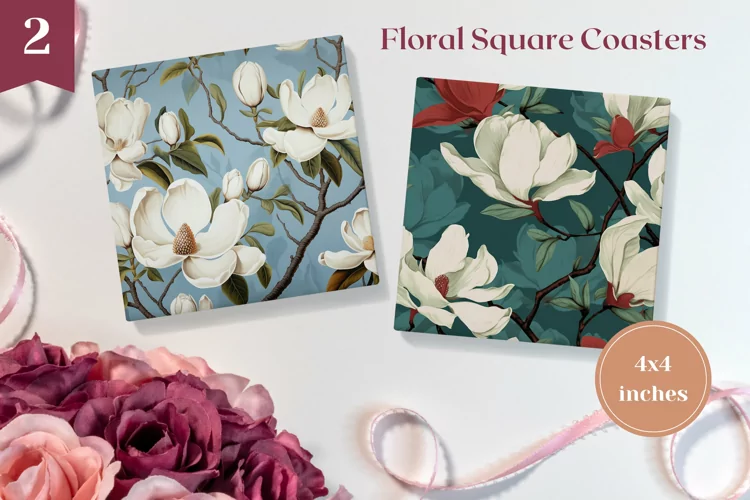 Floral Square Coaster, Magnolia Flowers Sublimation Designs