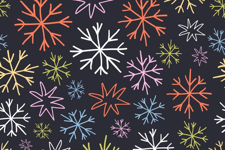 Black whimsical hand drawn Christmas pattern with snowflakes