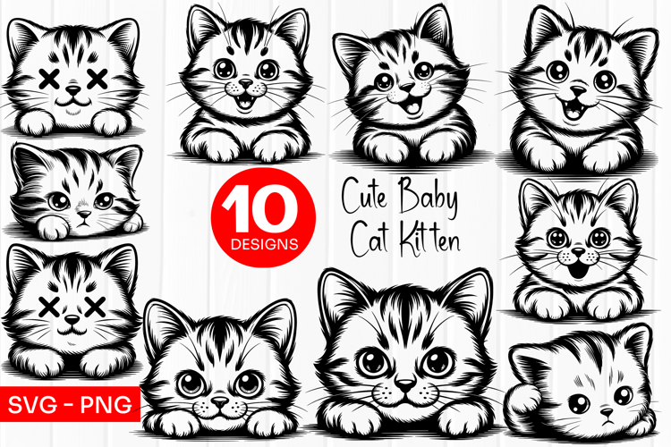 Cute Kitten Faces Clipart Line SVG PNG