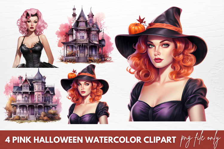 Pink Halloween Watercolor Clipart