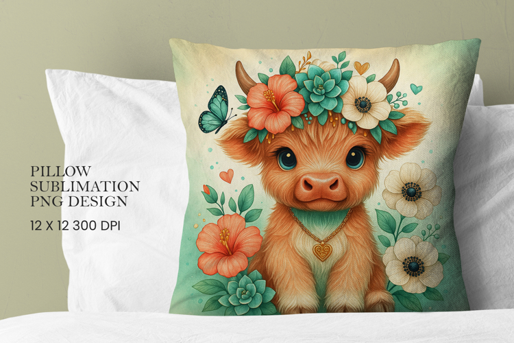 Highland Cow Flowers Pillow Sublimation PNG