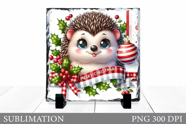 Cute Hedgehog Sublimation. Christmas Hedgehog Slate Design