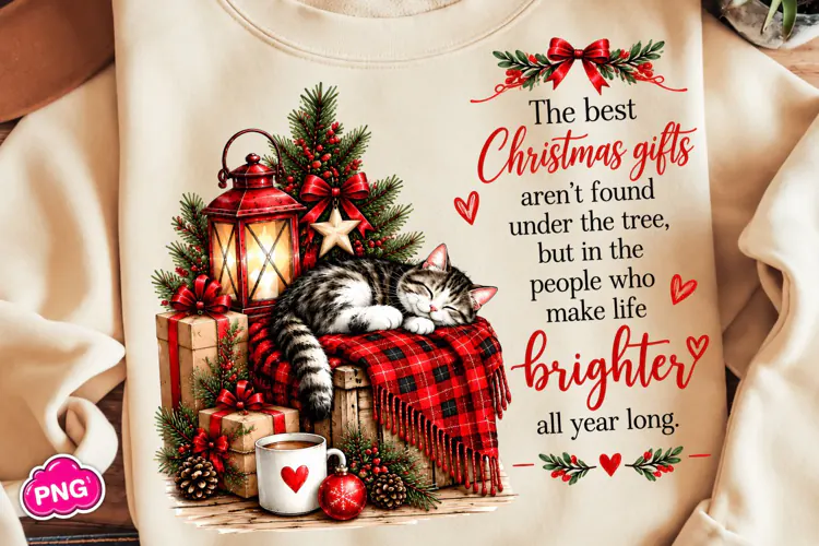 Cozy Christmas Cat PNG, Sleeping Kitty PNG, Funny Christmas