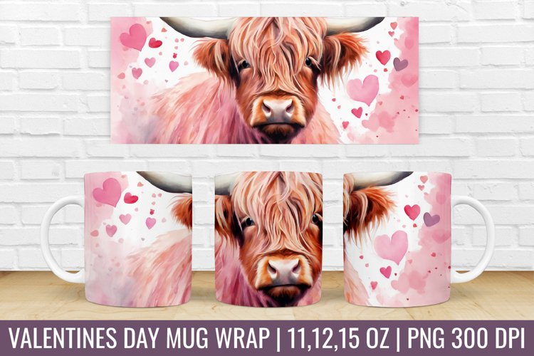Valentines Day Highland Cow Mug Wrap|Mug Watercolor Design example image 1
