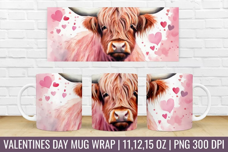 Valentines Day Highland Cow Mug Wrap|Mug Watercolor Design