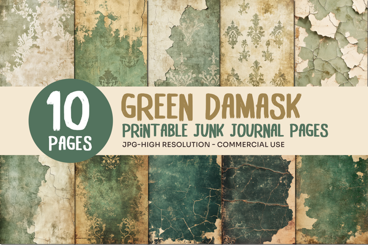 Green Damask Junk Journal Pages