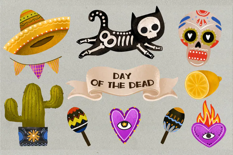 Watercolor Day of the Dead Clipart, Skeleton Cat Sugar Skull
