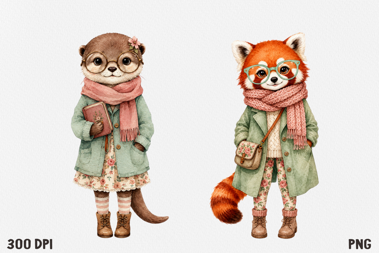 Cute Cottagecore Animal Watercolor Clipart PNG