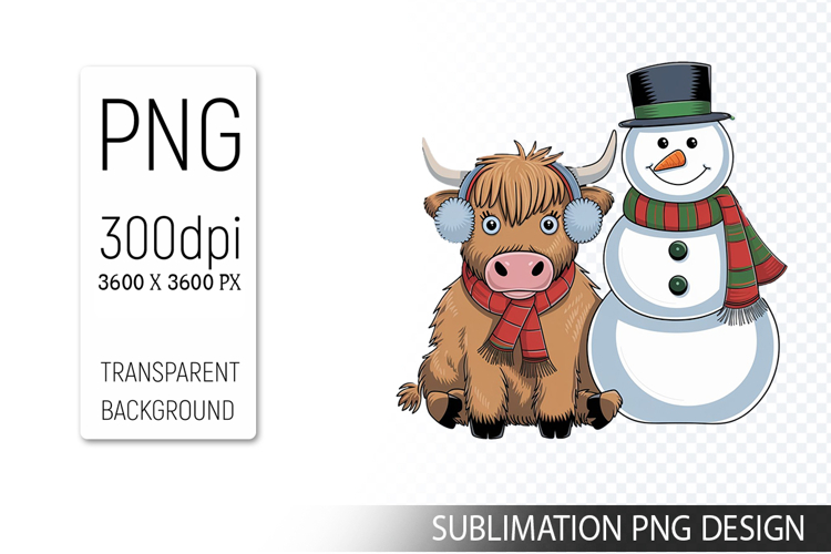 Cute Christmas Highland Cow , Animal Sublimation Clipart PNG