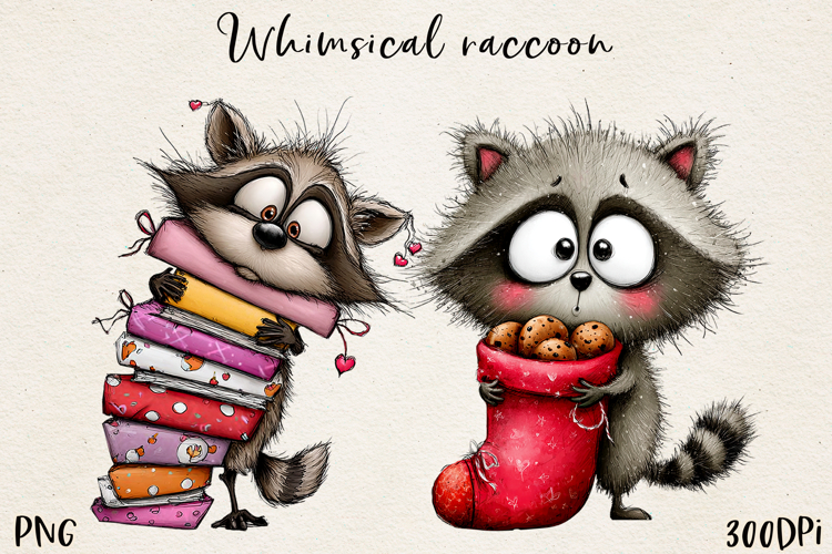 Whimsical Christmas Raccoon clipart, Sublimation PNG.