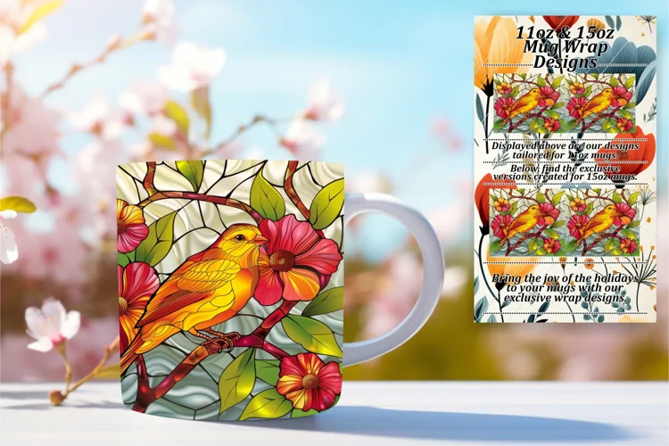 Vibrant Stained Glass Bird Mug Wrap Design Sublimation 11oz