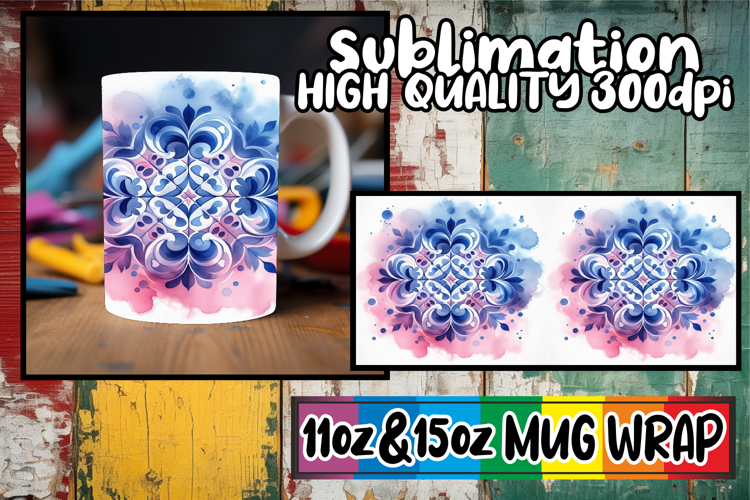 Tranquil vibes 11oz 15oz mug wrap, Watercolor Pattern