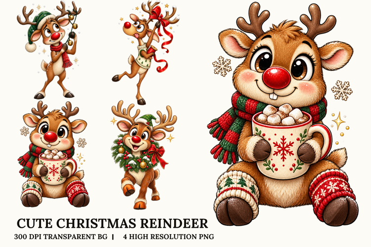 Cute Christmas Reindeer Hot Cocoa Holiday PNG