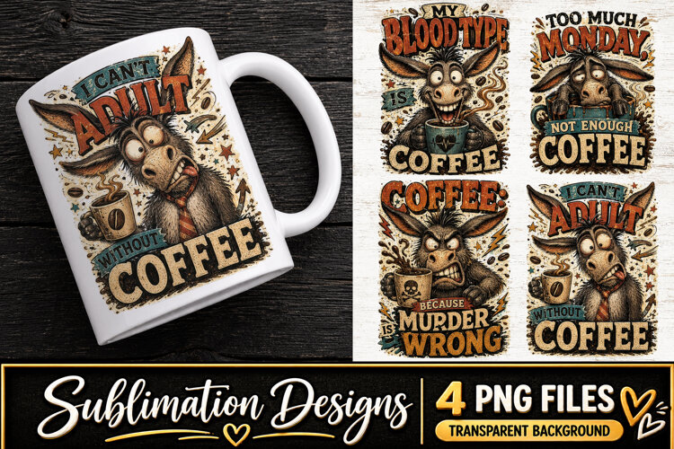 Funny Donkey Coffee Clipart Sublimation PNG example image 1