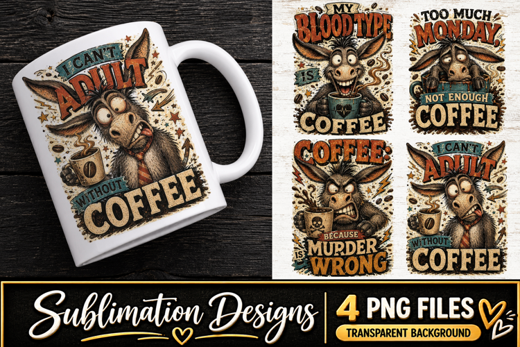 Funny Donkey Coffee Clipart Sublimation PNG