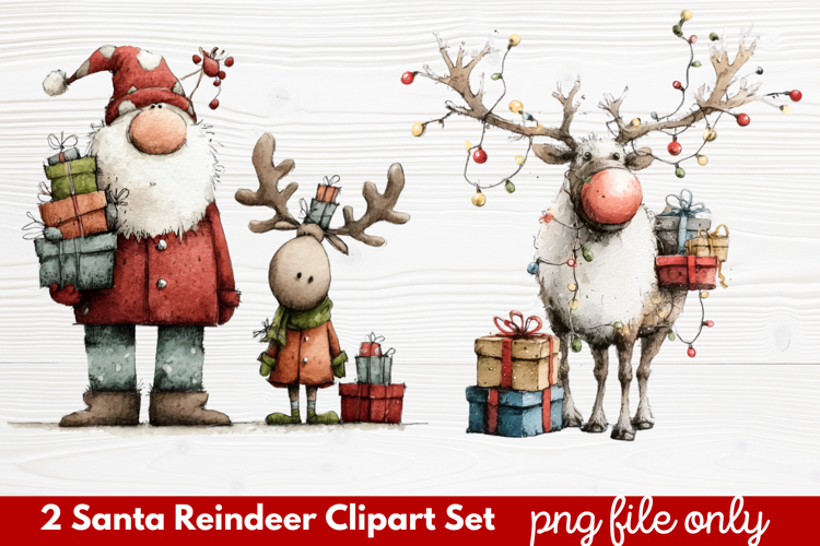 2 Santa Reindeer Clipart Set | Cute Christmas Reindeer PNG