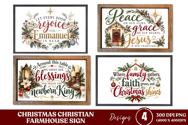 4 Christian Christmas Farmhouse Sign PNGs, 4 Rustic Christma