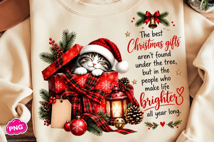 Cozy Christmas Cat PNG, Sleeping Kitty PNG, Funny Christmas