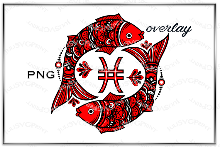Ornamental red Pisces zodiac sign on transparent background
