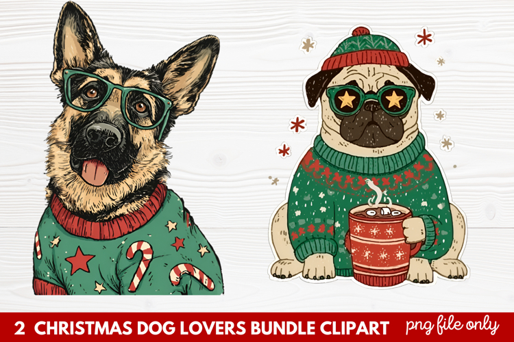 2 Christmas Dog Lovers Clipart | Festive Holiday Puppy PNG
