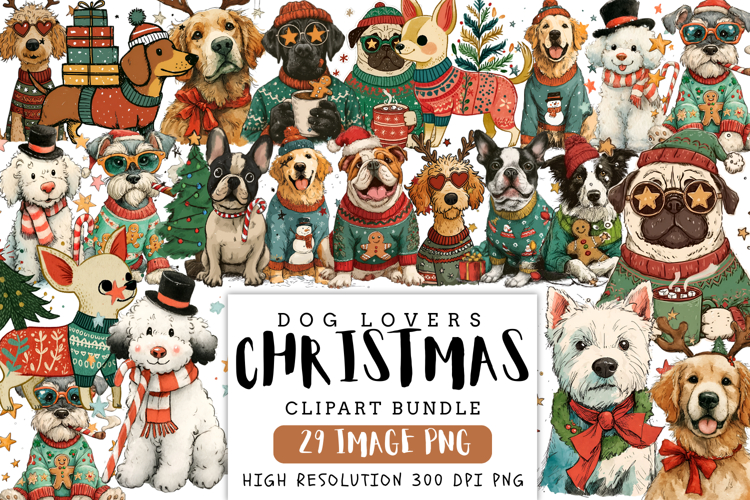 Christmas Dog Lovers Clipart Bundle | Cute Holiday Dog PNG