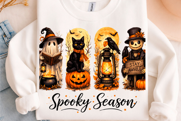 Spooky Season Ghost Cat Crow Halloween PNG