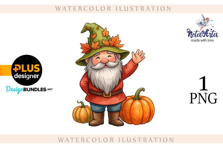 Gnomes with Pumpkin Harvest in Watercolor Style