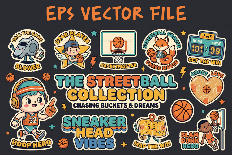 Streetball Kids Basketball Sticker Bundle EPS Design