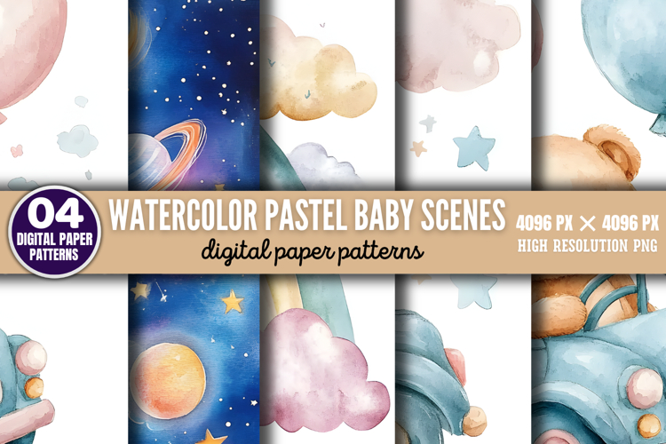 Watercolor Pastel Baby Scenes Paper PNG