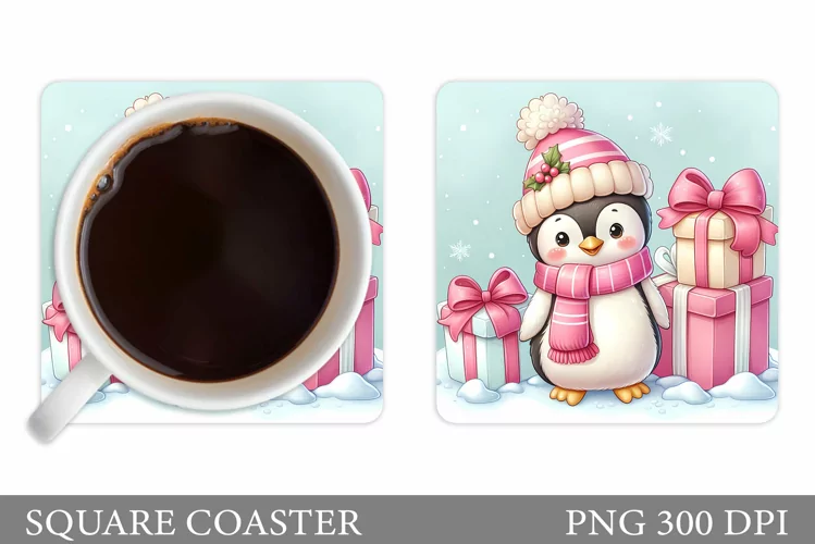 Cute Penguin Coaster Sublimation. Christmas Coaster Design