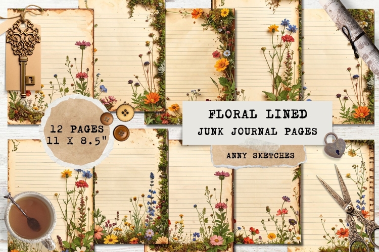 12 Vintage Floral Junk Journal Pages Lined Printable Sheets
