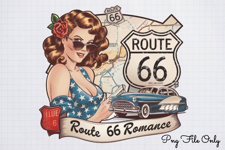 Route 66 romance PNG,Retro PinUp Sublimation PNG