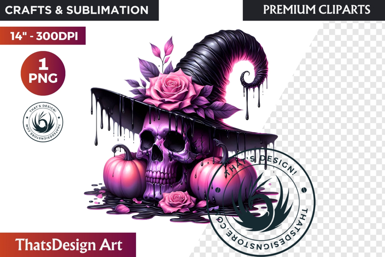 Pink and Black Gothic Halloween Skulls Clipart, pastel goth