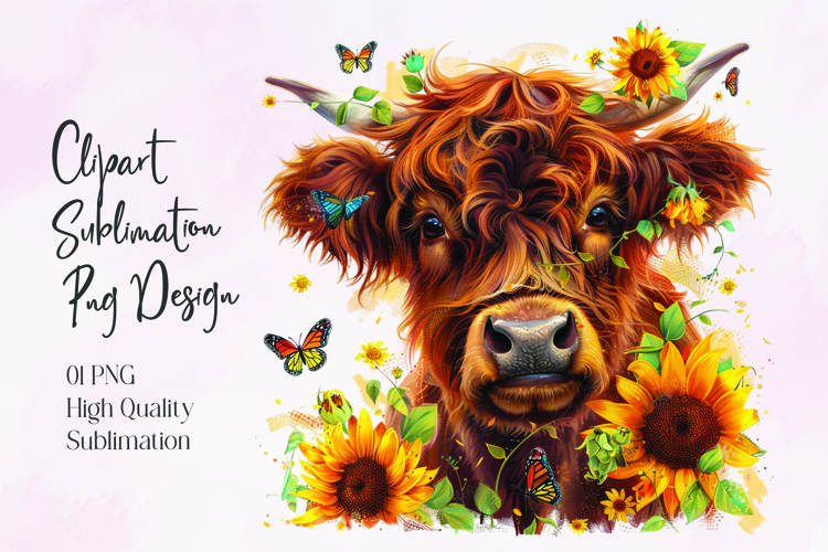 Highland Cow Sunflower Floral Sublimation PNG