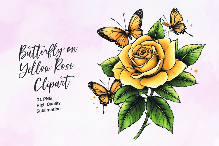 Yellow rose with butterfly watercolor clipart sublimation