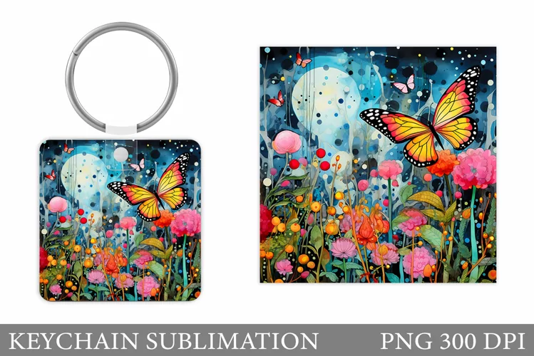 Butterfly Keychain Design. Flowers Keychain Sublimation