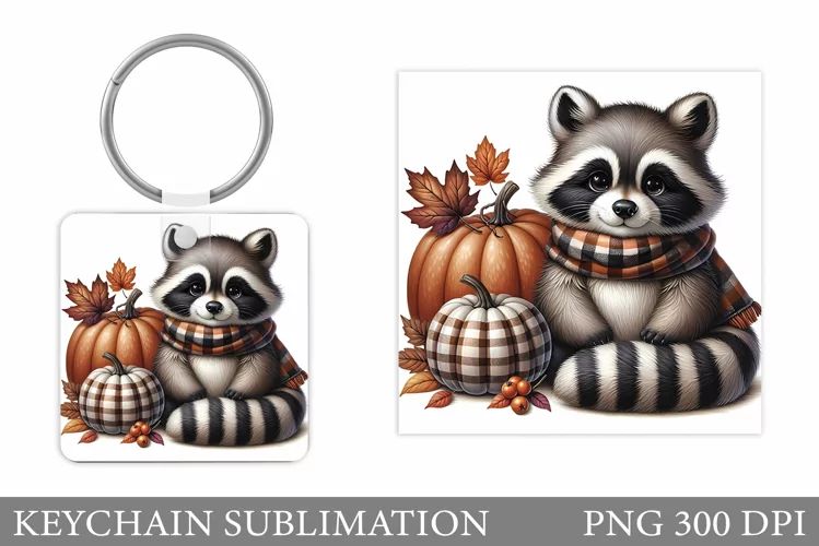 Fall Raccoon Keychain Design. Fall Keychain Sublimation