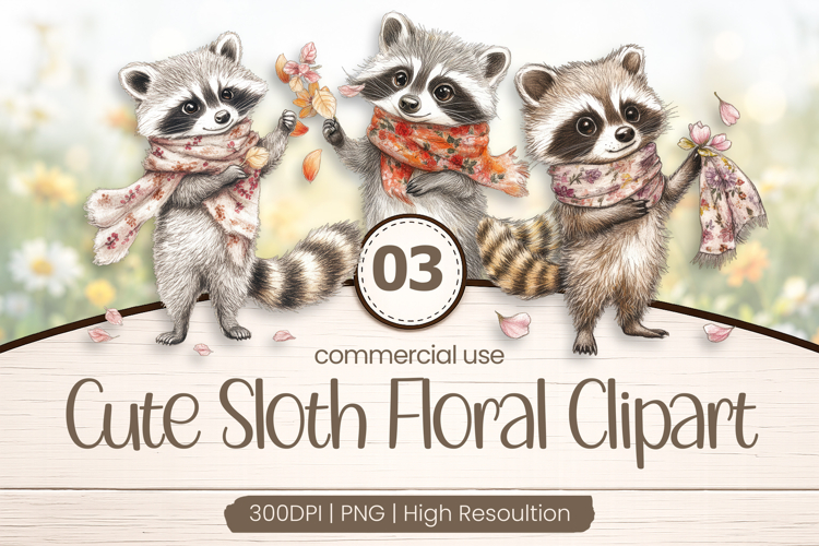 Cute Sloth Floral Clipart PNG