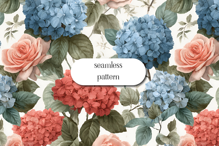 Floral Hydrangea Rose Seamless Vintage Garden Pattern Art