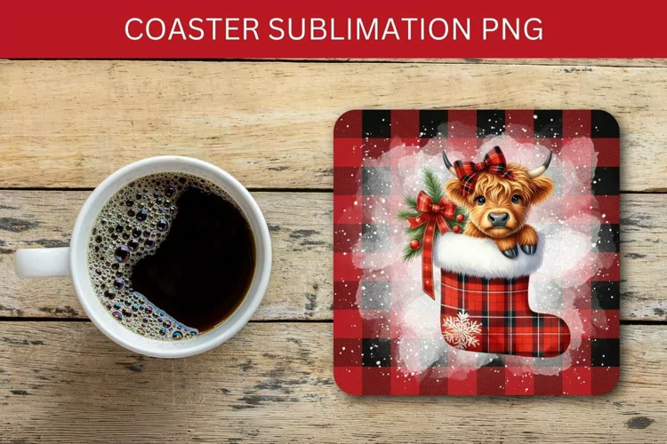 square coaster - highland cow in christmas stocking