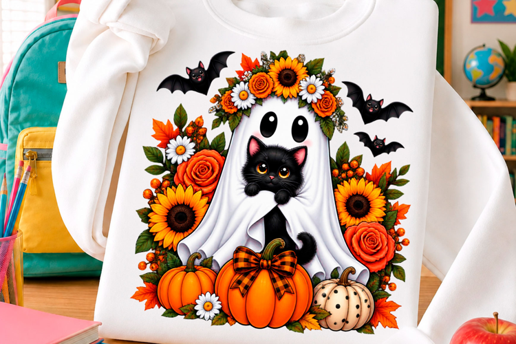 black cat pumpkin and autumn flower wreath t shirt design