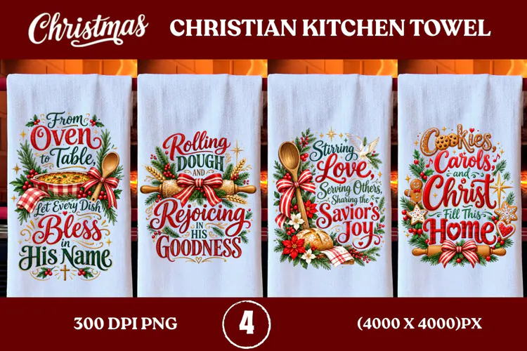 4 Christian Christmas Kitchen Towel PNGs, 4 Jesus Christmas