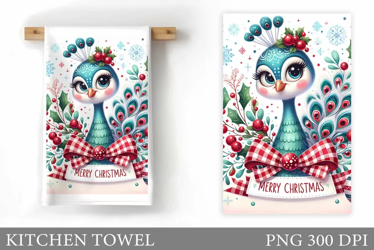 Christmas Peacock Kitchen Towel. Christmas Kitchen Towel