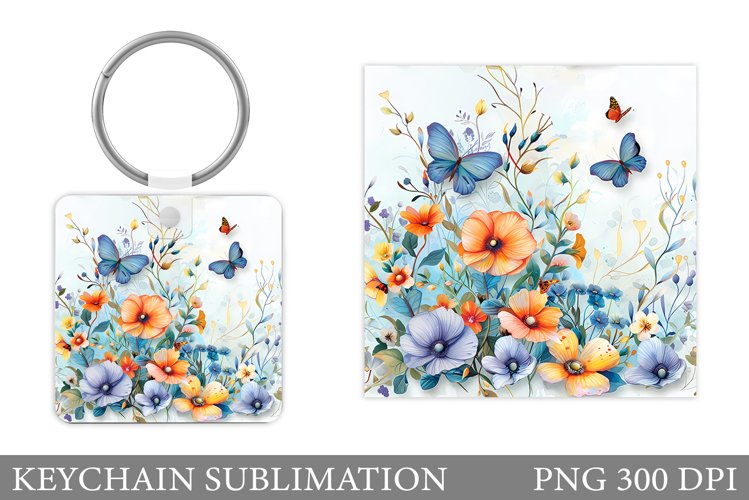 Butterflies Keychain Sublimation. Flowers Square Keychain