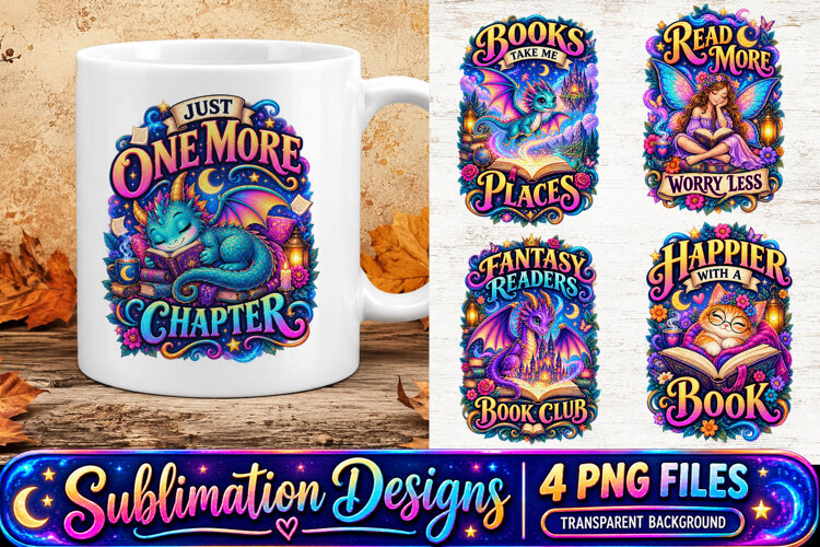 Fantasy Reading Dragons Book Lover Sublimation PNG example image 1
