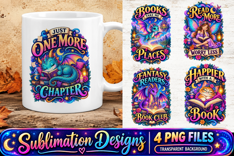 Fantasy Reading Dragons Book Lover Sublimation PNG