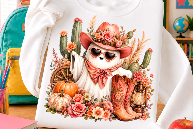 Western Cowgirl Ghost Floral Halloween PNG
