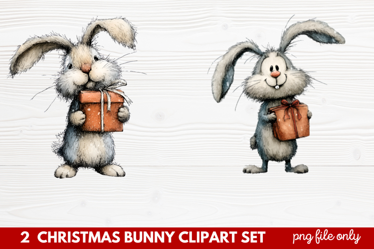 2 Christmas Bunny Clipart Set | Cute Holiday Bunny PNG Illus