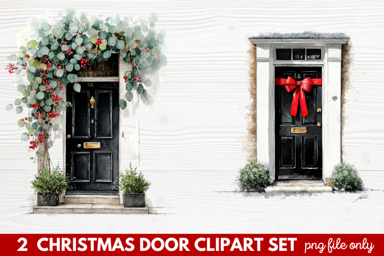 2 Christmas Door Clipart Set | Festive Holiday Front Door